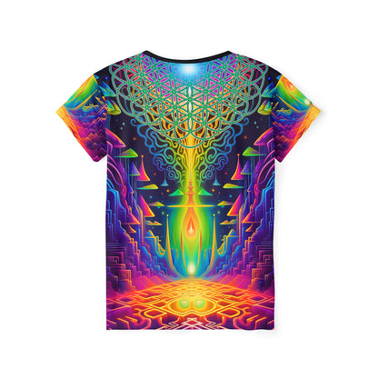 Back view of the Maze of Life sport tee with the print continuing across the fabric.