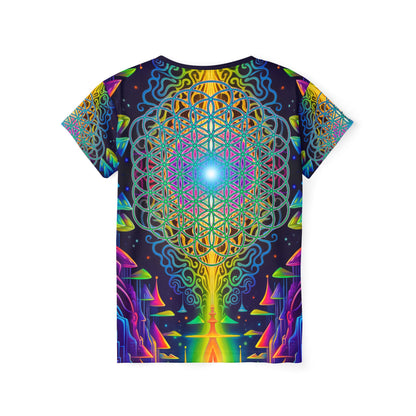 Angled view of the Maze of Life Flip women's sport tee highlighting the print pattern.