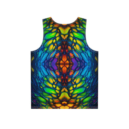 Close-up of the Scaled print detail on the men's tank top fabric.