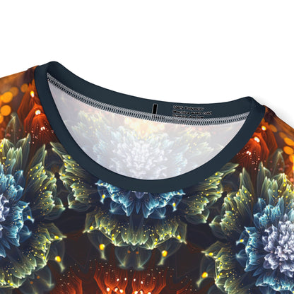 Angled view of the men's sport tee highlighting the "Fractal Flower Mandala" design colors.