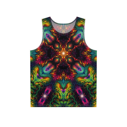 Front view of the Seed of Knowledge Mandala men's tank top showing the full mandala print.