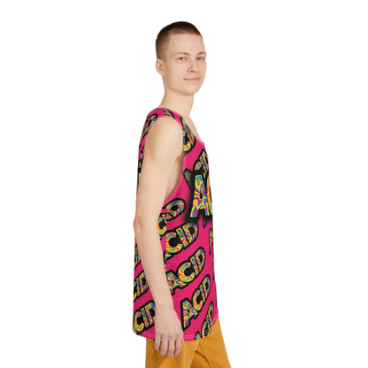Corner detail of the ACID Pattern Pink men's tank top hem.