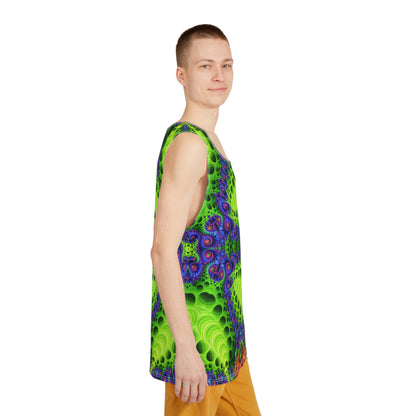 The Starburst Split men's tank top photographed from above on a flat surface.