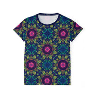 'Gatekeepers Pattern' all-over-print sport tee for women, front view laid flat.