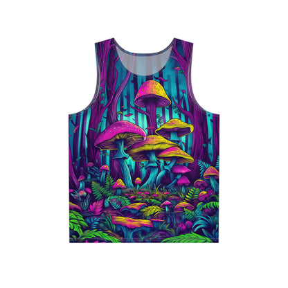 Flat lay of the Mushroom Forest men's tank top showing the full psychedelic print.