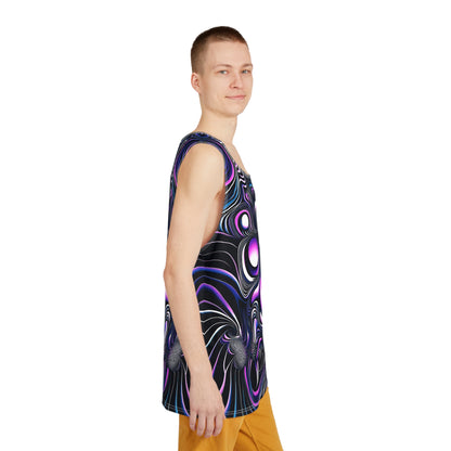 Angled view of the 'Time Is An Illusion' men's tank top showing the print and fit.