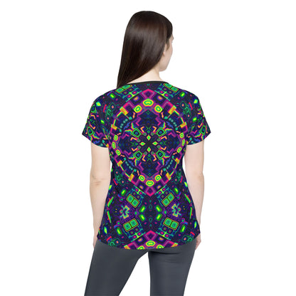 Close-up of the Dimensional Shift print detail on the sport tee fabric.