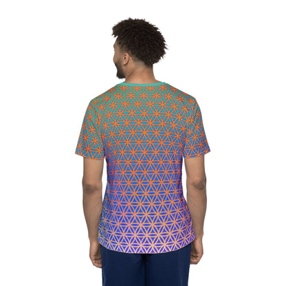Men's sport tee in the Flower de Life sacred geometry all-over print design, shown from above.