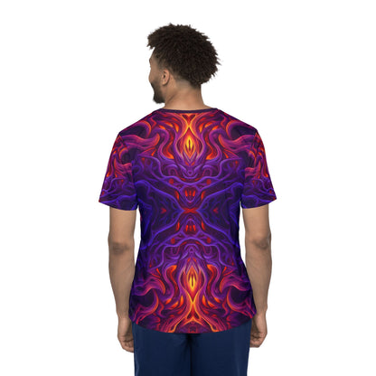 Angled view of the "Lilith's Gate V2" sport tee, showing the print from the side.