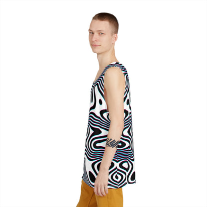 Corner view of the white Wild Cat tank top highlighting the print colors.