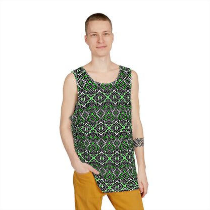 Angled view of the Peruvian Pattern men's tank top.