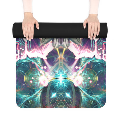 Rolled up Nectar yoga mat held in two hands, showing the black rubber underside and print edge.