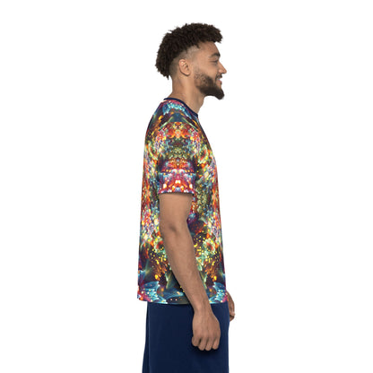 Full pattern view of the "Kaleidobloom" print men's sport tee.