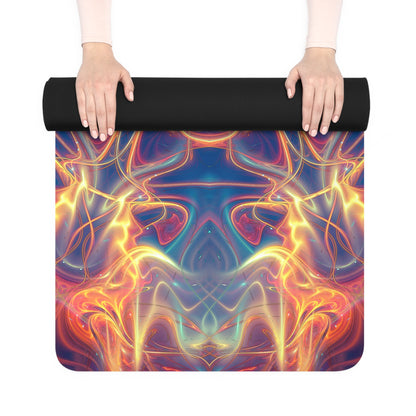 Aquatic Rays yoga mat rolled up, showing the natural rubber backing.