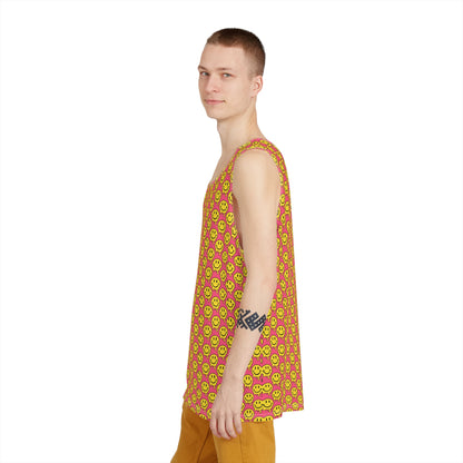 Styled shot of a men's tank top printed with a yellow and pink smiley pattern.