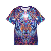 Men's sport tee in the Empurrress psychedelic cat all-over print design, flat lay view.