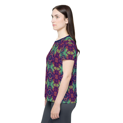 Corner detail of the McTrippy women's sport tee showing the print and seam.