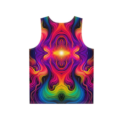 Close-up of the Cosmic Currents print detail on a men's all-over print tank top.