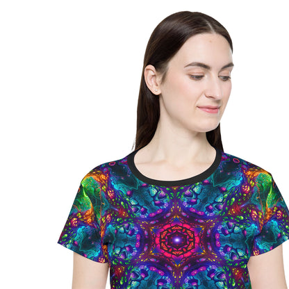Full front and back layout of the Fungus Amongus Mandala print on the women's sport tee.