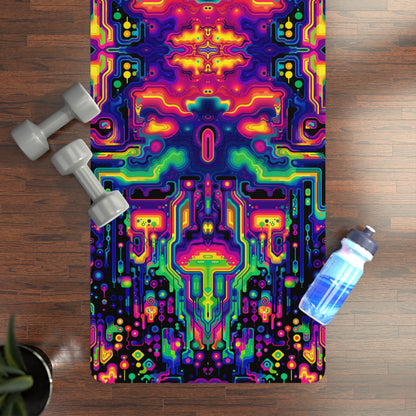 Close-up of the Space Invaders yoga mat's microfiber suede top texture and print detail.