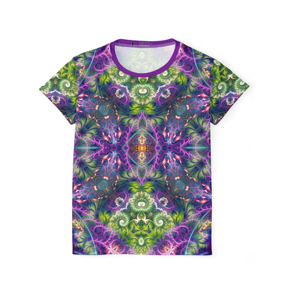 Women's sport tee in the Emergence Pattern psychedelic all-over print design, flat lay view.