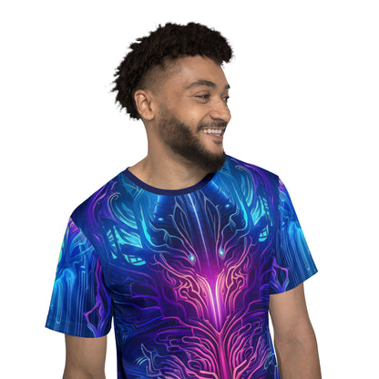 Three-quarter angle of the Midnight Spell P2 sport tee showing the print placement.