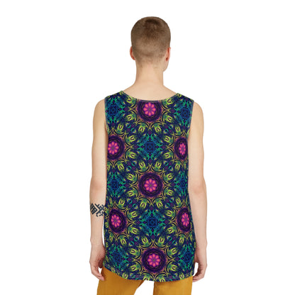 Angled view of the Gatekeepers Pattern men's tank top on display.