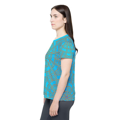 Women's sport tee in the Loco Motion design, worn by a model, front view.