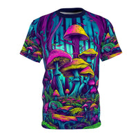 Front view flat lay of the Mushroom Forest all-over-print t-shirt showing the full psychedelic mushroom design.