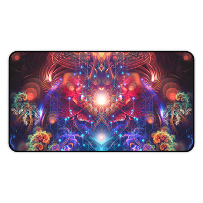 Magnus Opum desk mat laid flat on a wood desk surface