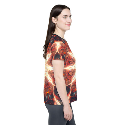 Side angle of the Muladhara sport tee showing the sleeve print.