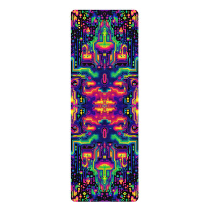 Space Invaders yoga mat laid flat showing the full psychedelic print edge to edge.