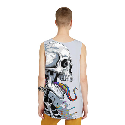 Angled view of the Psychedelic Tongue Skull men's tank top on a plain background.