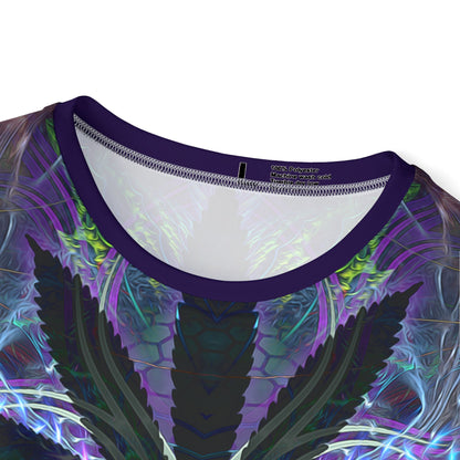 Angled view of the "Heightened Stroll" print men's sport tee.
