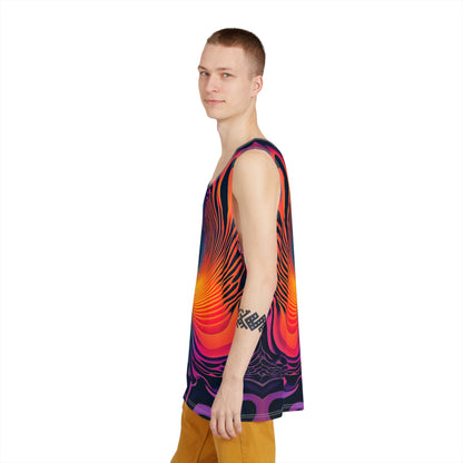 Side view of the Cosmic Fingerprint tank top, showing the print along the seam.