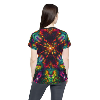 Seed of Knowledge Mandala women's sport tee shown on a model at an angle.