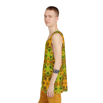 Another angle of the Sun Lattice men's tank top highlighting the print colors.