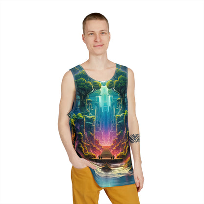 Angled view of the Remnant men's tank top highlighting the print and cut.