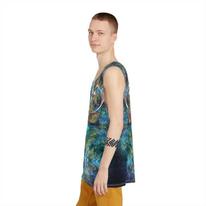 Close-up of the neckline and seam on the Fluer de Vie men's tank top.