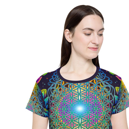 Close-up of the fabric texture on the Maze of Life Flip women's sport tee.
