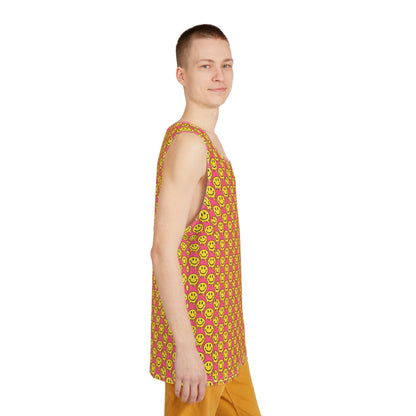 Men's tank top with yellow and pink smiley pattern design, shown from above.