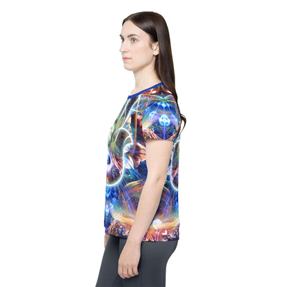 Women's sport tee in the Divine Protection psychedelic all-over print design, shown from above.