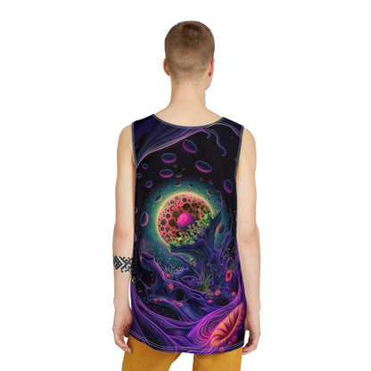 Corner detail of the Space Anemone print on a men's tank top.