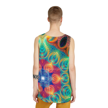 Angled view showing the Free Your Mind Fibonacci print along the tank top's side seam.