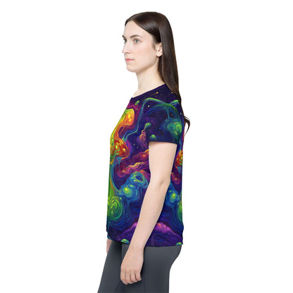 Overhead view of the "I Love Lava Lamp" print women's sport tee laid flat.