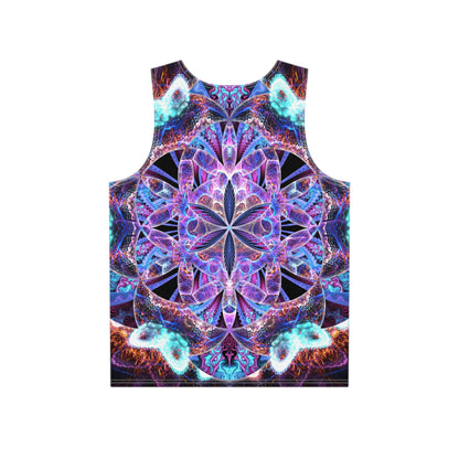 Angled view of the Flower of Life Mandala men's tank top on a model, showing the fabric drape.