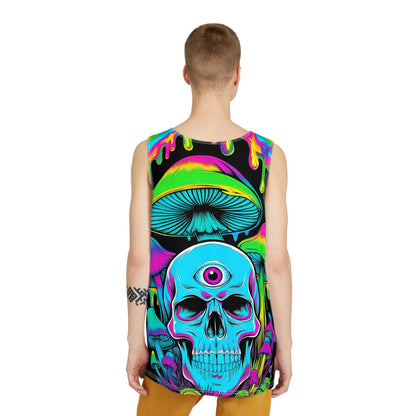 Corner detail of the Third Eye Skull print on a men's tank top.