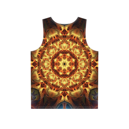 Back flat lay of the 'Totem Sun' men's tank top with the print continuing across the fabric.