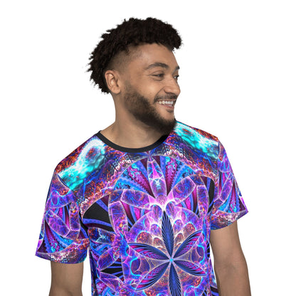Close-up of the sleeve area on the "Flower of Life Mandala" men's sport tee print.