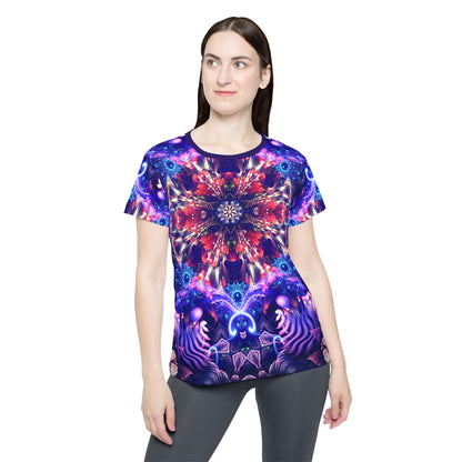 Women's sport tee in the Flow State psychedelic all-over print design, angled view.